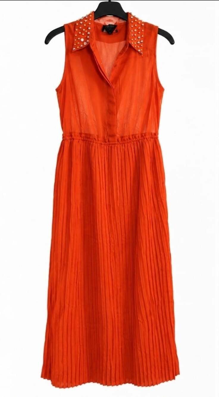 Angie Burnt Orange Maxi Dress Pleated Skirt Studded Collar Boho Small NWT T100 - Picture 3 of 7